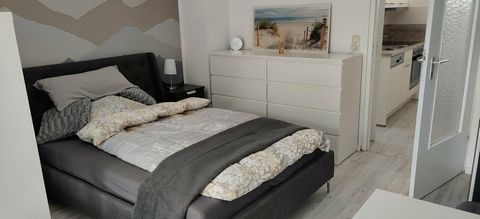 Here you live on 41 square meters in the middle of Nuremberg. The apartment is divided into living/bedroom, kitchen and bathroom. The apartment is furnished with a large single bed including bedside table and lamp, a chest of drawers and a wardrobe. ...