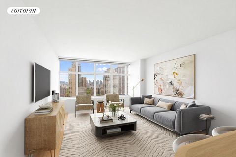 Perché au-dessus du Lincoln Center et de la 66e rue Ouest, ce spacieux condominium d’une chambre et d’une salle de bain et demie offre une vue imprenable sur Central Park et les toits de Manhattan, un salon / salle à manger spacieux, une salle de bai...