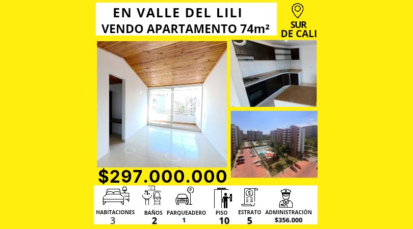 EN VALLE DEL LILI. SUR DE CALI. VENDO APARTAMENTO DE 74M². $297.000.000 Apartamento de 74m2 en venta, ubicado en 10mo piso, con vista exterior. Cuenta con 3 habitaciones, 2 baños, sala comedor, cocina integral, 2 balcones y zona de lavandería. Piso c...