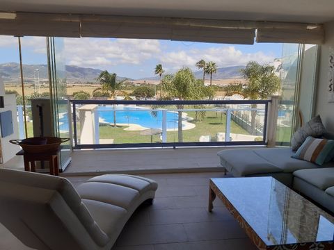 A new urbanization with modern style.This apartment has three bedrooms, two bathrooms, fully equipped kitchen, living room with large terrace, with stunning views towards Punta Paloma. The urbanization has a communal garden and pool.The pool is only ...