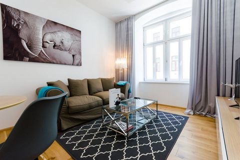 The fully equipped apartment is located on the 1st floor in the heart of Vienna. It has a living area of about 40 sqm. The living room has real wood parquet and is equipped with a comfortable sofa. In the bedroom there is a cozy single bed and a larg...