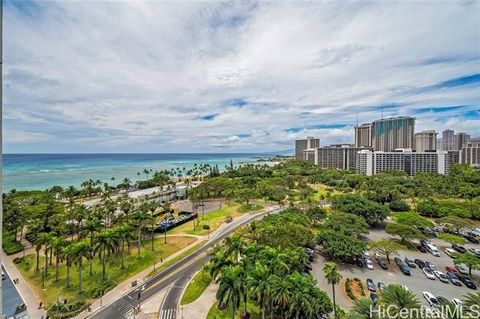 Amazing new price!!! Enjoy spectacular ocean views from this modern unit on the 15th floor in Waikiki. Sit on one of two lanais while taking in a sunset every evening and fireworks on friday night! Unit overlooks Fort Derussy, features a full kitchen...