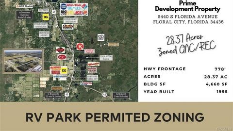Located on the Southern Eastern border of Citrus County in Floral City, Florida we are now offering a prime development opportunity to own 29 + acres of high and cleared land with over 778’ of Hwy frontage on US 41/S Florida Avenue (10,800 AADT) just...