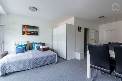 *English* Modern, bright & comfortable 1 room apartment, room-high panoramic windows. Large flatscreen TV, CD player/radio, sofa bed, (+ additional folding bed for 3rd person available) illuminated sliding door wardrobe, kitchenette: 2-plate hob, Mie...