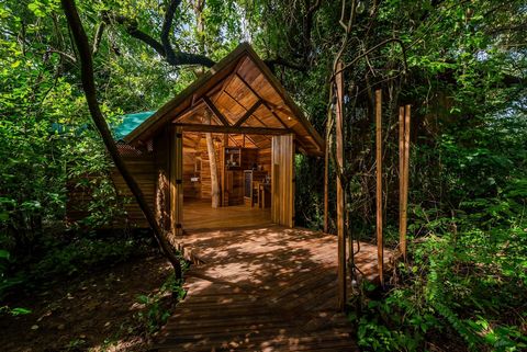 Built on a wooded lot of 3200 m2 these two luxury cabins have been built entirely in noble woods, of great durability, one of them is built in a tree and has a nice terrace that has a view of the treetops, its unique design was created by a group of ...