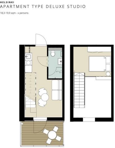Deluxe Studio(with terrace) Minimum 3 months stay 20 sqm on the bottom floor plus 7sqm loft (the bedroom) This studio apartment suits 1-3 persons. The studio includes a 160 cm queen bed, a sofabed, kitchenette, luxurious bathroom and built-in storage...