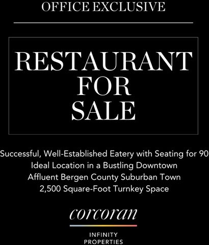 Turn-Key very successful and well-established restaurant since 2013 in bustling downtown area in prominent highly visible location in affluent Bergen County location. This is a popular high- quality Kosher & RCBC approved restaurant with Mashgiach on...