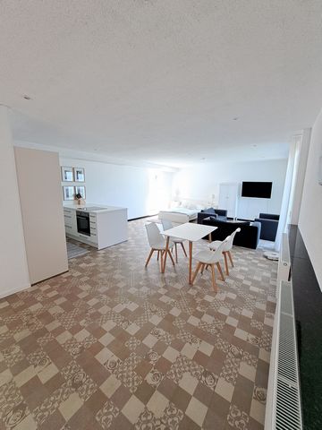 The newly renovated and refurnished loft has a bright entrance area with seating. On the right the first bathroom with toilet & sink. In the second bathroom is the shower and a washing machine. The spacious living & sleeping area is equipped with a b...