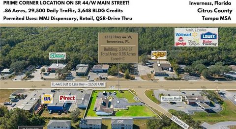 Situata sul corridoio SR 44 (29.560 AADT), che collega la contea di Citrus ai confini della città di Inverness, in Florida, questa proprietà offre una posizione commerciale privilegiata. Situato all'angolo tra Central Avenue e SR 44, il sito comprend...
