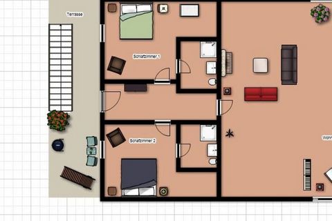 The holiday apartment consists of two separate bedrooms and the large studio as the heart of the apartment. In addition to a large double bed, both bedrooms each have their own toilet and shower. Extra bed is possible. The studio, the center of the a...