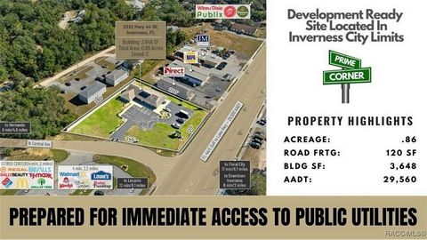 Gelegen aan de druk bereisde SR 44-corridor (29.560 AADT), die Citrus County verbindt met de stadsgrenzen van Inverness, Florida, biedt dit pand een uitstekende commerciële locatie. Gelegen op de hoek van Central Avenue en SR 44, omvat de site 0,86 h...