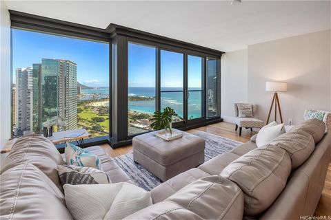 Enjoy luxury living in Kakaako. This contemporary and spacious 2 bedroom, 2 bathroom, 2 parking unit features 9-foot ceilings, floor-to-ceiling windows for panoramic views of the Diamond Head, Ala Moana Beach Park, and Ocean, top-of-the-line applianc...
