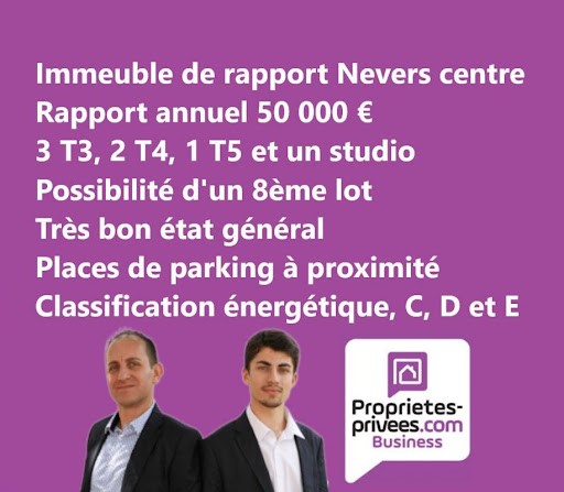 Patrick et Florent Loisy vous proposent à la vente cet immeuble de rapport situé dans le centre de Nevers. L'immeuble génère un rapport annuel de 50 000 euros. Il est en bon état général et composé de 7 appartements allant du studio au T5. Les appart...