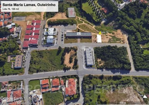 Plot 76: land for construction with a total area of 158 m2, implementation area building 84 m2, gross construction area of 168 m2, inserted in the Urbanization of Outeirinho, next to the auditorium. Distances per car: 7 minutes to the A29 access node...