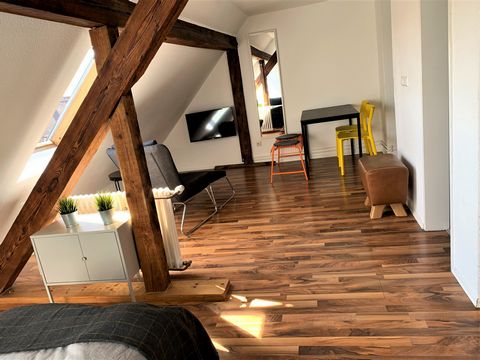 Extravagant top floor apartment in a centrally located Art Nouveau house. Built in Karlsruhe's oldest district, Mühlburg. It is fully equipped. A flat screen TV combined with Amazon Fire TV offers convenient entertainment. The bathroom is new and equ...