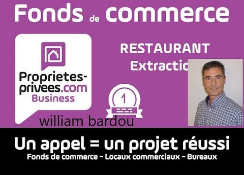 William Bardou vous propose dans une commune très dynamique, ce restaurant de bonne réputation disposant d'une terrasse. - Salle de restaurant de 120m² et 95 couverts, d'une terrasse de 12 mètres . - d'une cuisine professionnelle toute équipée, -extr...