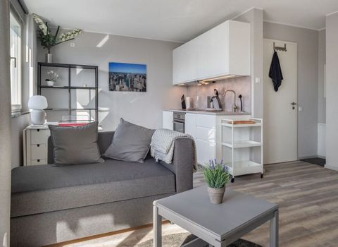 The fully furnished apartment has high quality equipment and a very good cut. The flooring of are equipped with design vinyl. In apartment there is a fully equipped kitchen with white surface, handle-free, in high gloss. The flexible kitchen table ca...