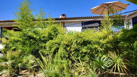 Architect-designed house for sale in the south of France. It has a tropical environment feel and features 4 bedrooms, 3 bathrooms, an open kitchen, a lounge room with a fireplace, a dining area, and a nice terrace overlooking the garden, pond, and sw...