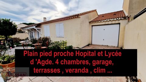 Exclusif ! Hérault (34) à vendre sur Agde dans quartier prisé proche Hôpital Lycée et Hyper U, villa 3 faces de plain-pied au calme d'environ 115 m² composée d'une grande pièce de vie avec cuisine US équipée et 4 chambres dont une suite parentale. Te...