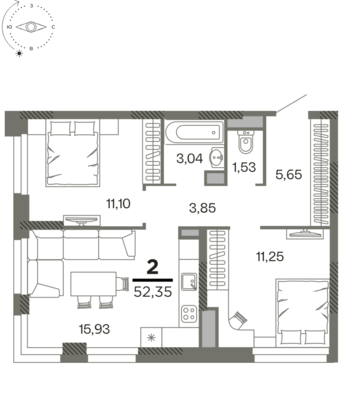 Продается просторная двухкомнатная квартира площадью 52,35 кв.м., в микрорайоне 