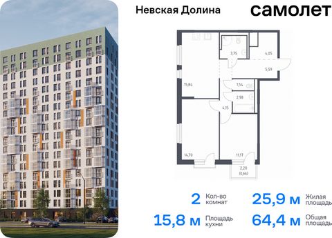 Продается 2-комн. квартира. Квартира расположена на 13 этаже 18 этажного монолитно-кирпичного дома (Корпус 1.1, Секция 1) в ЖК «Невская Долина» от группы «Самолет». «Невская Долина» - уютный квартал в скандинавском стиле рядом с набережной Невы. Нахо...