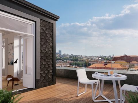 T2 duplex with terrace overlooking the Historic Center of Porto, located in a fully rehabilitated building, comprising: - 2nd floor: 2 Suites with balcony; - 3rd floor: Entrance hall, common room with access to the terrace, kitchen equipped with appl...