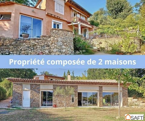 Bien atypique : sur cette propriété avec 1120m² de terrain plat, sont implantées deux maisons indépendantes. L'une, traditionnelle d'environ 76 m², style provençal propose en rez-de-chaussée un salon avec poêle à bois, une cuisine tout équipée, une s...