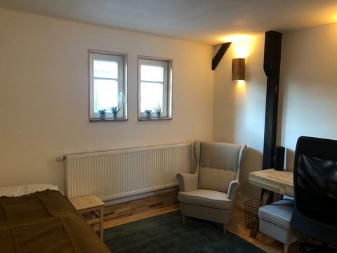 Furnished apartment for first-time occupancy in 2020 ecologically renovated half-timbered building. Real wood floor, balcony, garden use. All-round carefree package incl. Internet, use of washing machine and dryer, Own sauna in the outbuilding on the...